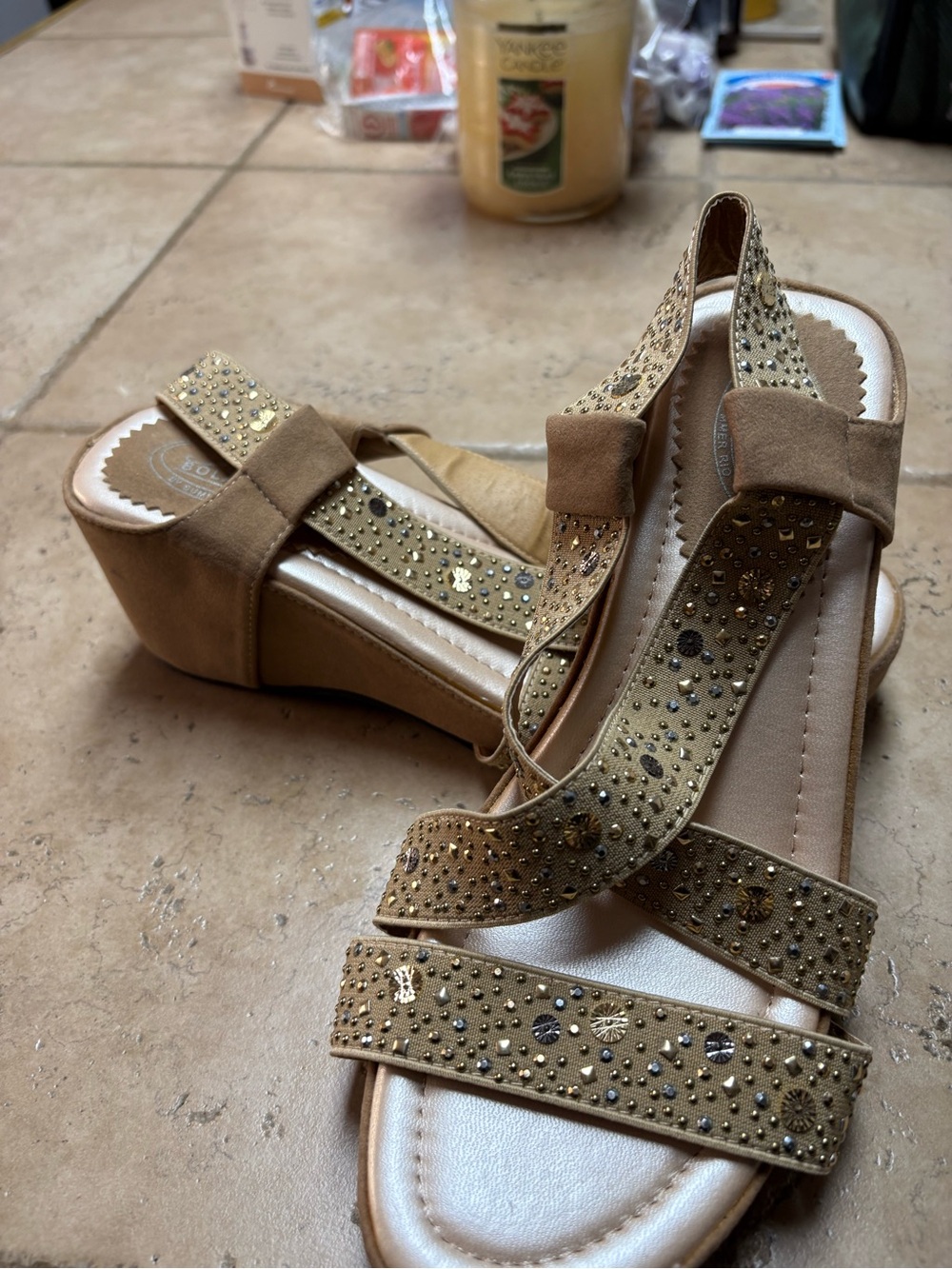 Embellished Tan Wedge Sandals with Decorative Studs
